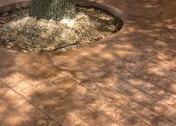 Stamped concrete around a tree in a yard, showing a brick pattern and a smooth finish. Stamped concrete patio around a tree in a yard.