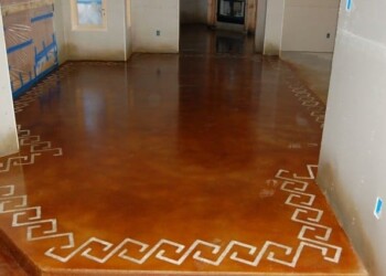 Finished polished concrete floor with decorative border in a home in Ephrata. Polished concrete floor with decorative border in a residential home.