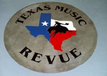 Concrete floor with Texas Music Revue logo featuring Texas map, star, and guitar. Custom engraved Texas Music Revue logo on concrete floor.