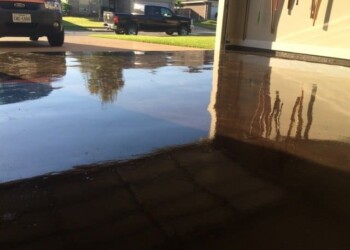 Stamped overlays on concrete driveway in a residential area, reflecting sunlight. Freshly stamped concrete driveway with a wet finish in a residential neighborhood.